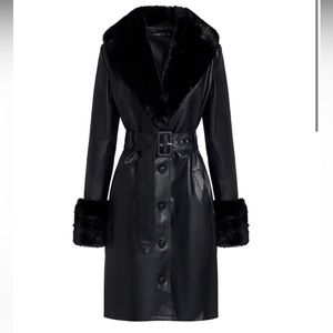 Lioness Brooklyn Long Coat- Black Faux Leather Coat with Fur Trim Size XXS